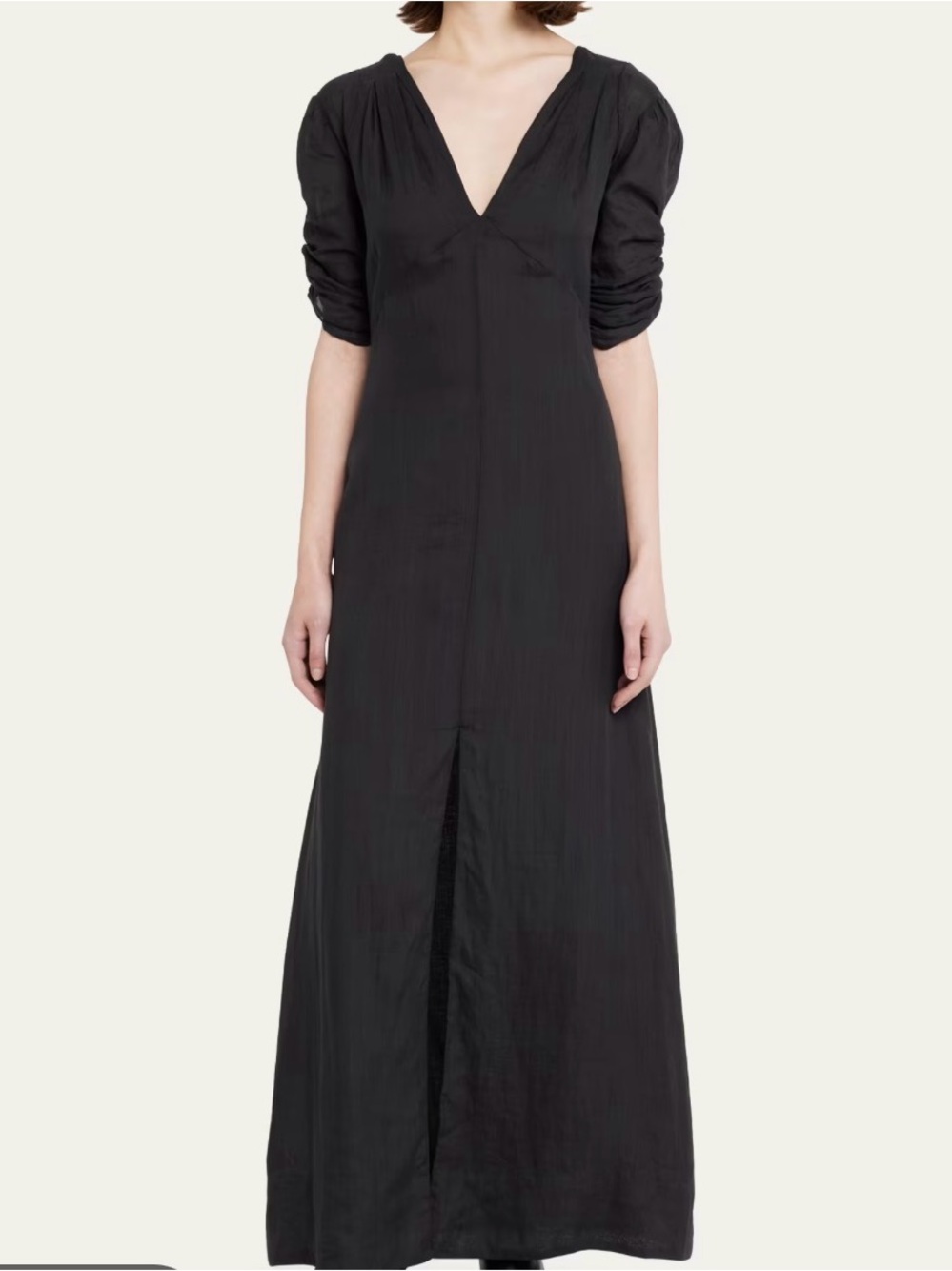 FRAME Black Ruched Puff Sleeve V-Neck Maxi Dress Size M NWOT